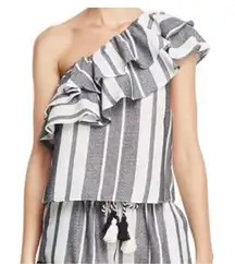 Misa Los Angeles Gray White Klea Stripe Ruffled One Shoulder Cotton Top Medium