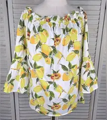 TRUE DESTINY 100% Cotton Off the Shoulder Blouse Lemon Print-2X