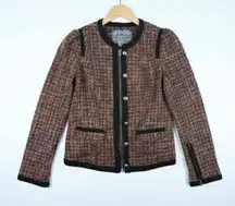 Free People "Coco" Vintage Tweed Wool Fitted Lined Moto Jacket Zipper Detail