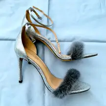 Elegant Silver Heels with REAL Fur Accent🔥🔥🔥
