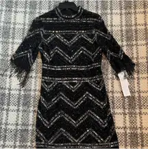 Fully Beaded Fringed Elbow-Sleeve Short Cocktail Dress