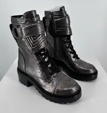 DKNY Basia Buckled Quilted Block-Heel Combat Boots sz 5 Metallic Silver Leather