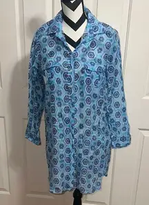 LA CHEMISE TROPEZIENNE Blue Patterned Silk Blend Button-Up Shirt Dress
