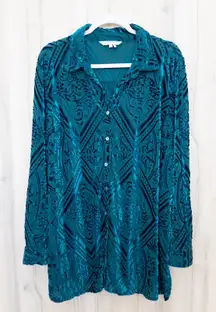 Foxcroft Womens Burnout Velvet Button Down Shirt Sz 22W Teal Romantic Artsy Boho