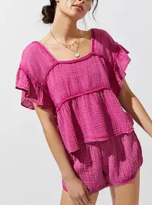 Anthropologie Daily Practice Women’s Gauzy Hot Pink Top Shorts Lounge Set XS