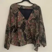 Point Sur V Neck Long Sleeve Paisley Wrap Blouse Top Shirt Boho Work Office