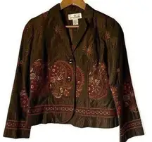 Erin London Chocolate Brown Button Front Embroidered Jacket Petite Medium