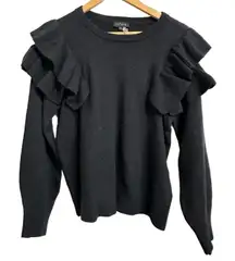 1.State women's black crew neck long‎ sleeve ruffle sweater size Small