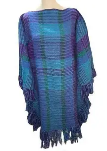 Handmade Blue Purple Green Woven Wool Plaid Tunic caftan Size Large