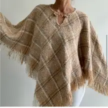 Boyne Valley Weavers Poncho Cape Sweater Ireland Made Fringed Alpaca Plaid‎ OS