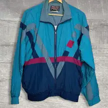 Athletic Works 90s Geometric Windbreaker Adult S Nylon Bright Blue Navy Vintage