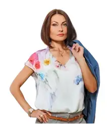 Ted Baker Pink & Gray Floral V Neck Short Sleeve Blouse size Small