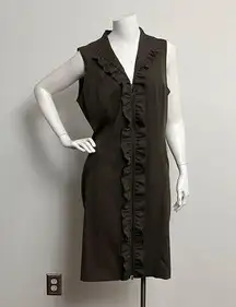 Classiques Entier Size 14 Sheath Dress Olive Green Ruffled V Neck Zip Up NO BELT