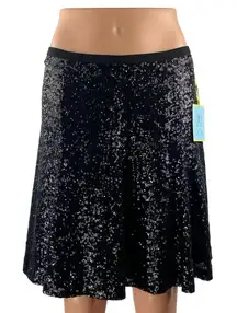 NEW Cece Champagne Soiree Rich Black Sequin Elastic Waist A Line Mini Skirt Sz 6