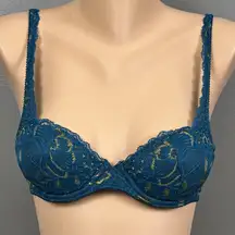 Vintage On Gossamer Bra 90s Padded Lined Push Up 34A Teal Lace Underwire AS IS
