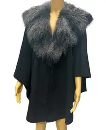 Adrienne Landau Removable Faux Fur Cape Cloak Black Gray Hook Closures One Size