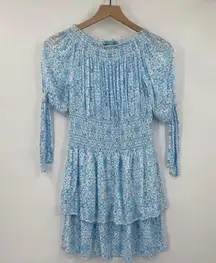 Melissa  Odabash Camilla Tiered Shirred Printed Voile Mini Dress Light Blue  XS