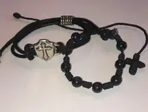 2 Adjustable Black Cross Beaded Silver Tone Bracelets