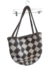 Checker Board Print Fuzzy Lined Bucket Bag Tote Shoulder Purse With Pockets