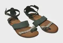 Nikos Greek Leather Made Sandals Dark Green Silver Braid Women's Size 7.5