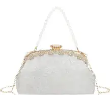 ⚡ Women's Silver Fabric Lace Pearl Chain Rhinestones Shoulder Clutch Bag