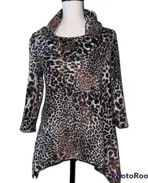 New Directions PS women's cowl neck cheetah print top shark bit hem 3/4 sleeve