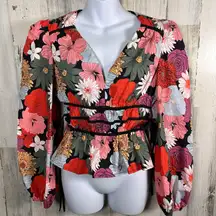 Listicle Floral Blouse M | Balloon Sleeves | Tie Waist | 100% Cotton | MSRP $58