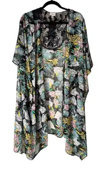 Avenue Floral Print Kimono Open Front Plus Size 22/24 Black Lace Trim Topper