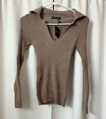 Basics Neutral Brown Johnny Collar Long Sleeve Business Casual Sweater Size Large