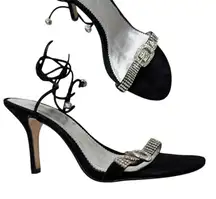 Pelle Moda Black Leather Silver Rhinestone Heels Womens 7.5 Bling Lace Up Ankle