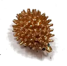 VINTAGE Cute Hedgehog Porcupine Brooch Pin Gold Tone Rhinestone Green Eyes