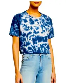 MOTHER Denim  The Slouch Cutoff Blue T-Shirt Top Sz XS Womens Cropped Tie Dye