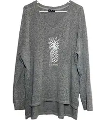 Spirit Jersey Pineapple Hawaii Long Sleeve Tunic Shirt Top Hi-Lo V-Neck Gray L