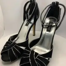 White House Black Market Black and Silver Suede Open Toe Heel