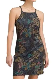 PRANA Ardor Dress “Black Horchata” XL — Racerback Built-In Bra Floral Mini