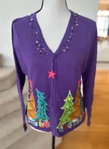 Vintage 90s Whimsical Purple Green Pink Orange Teal Christmas Tree Zip Sweater