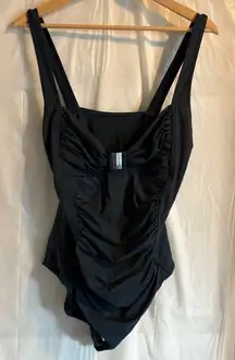 Calvin Klein Blue Gray Swimsuit‎ Sz 14 Tummy Coverage Minimalist Flattering Swim