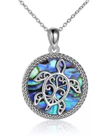Silver Sea Turtle and Abalone Circle Pendant Necklace