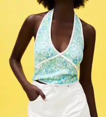 ZARA halter knit hibiscus tank green & blue 
