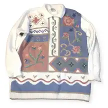 Vintage 90s Womens medium Country Primitive Flower Knit Collared Sweater