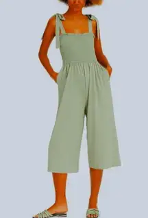 Olive Green Smocked Tie Strap Cropped Jumpsuit