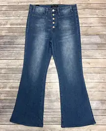 Almost Famous Medium Wash High Rise Button Fly Patch Pockets Flare Jeans Juniors