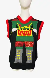 Ugly Christmas Sweater Vest Toy Soldier Drummer Sequin Black Red Knit M