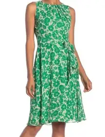 Green White Floral Print Sash Tie Waist A Line Sleeveless Dress
