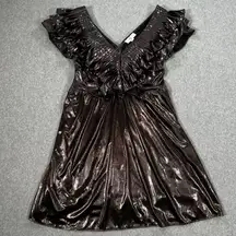 Entro Metallic Ruffle Mini Dress Women's Medium Brown Pleated V-Neck