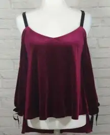 ROMEO & Juliet Couture Burgundy Velvet Cold Shoulder Open Back Tie Top Blouse