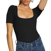 Good American Bodysuit Women Small Black Ribbed Knit Square Neck Thong Gothic‎