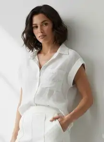 Joie White Linen Button Front Top‎ Women's Small Crochet Trim Pocket Boho Blouse