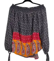 Beach Lunch Lounge Blue & Orange Paisley Blouse S Off Shoulder Boho Tie Sleeve