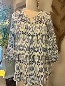 Joie Blue and White Abstract ikat-print silk Blouse